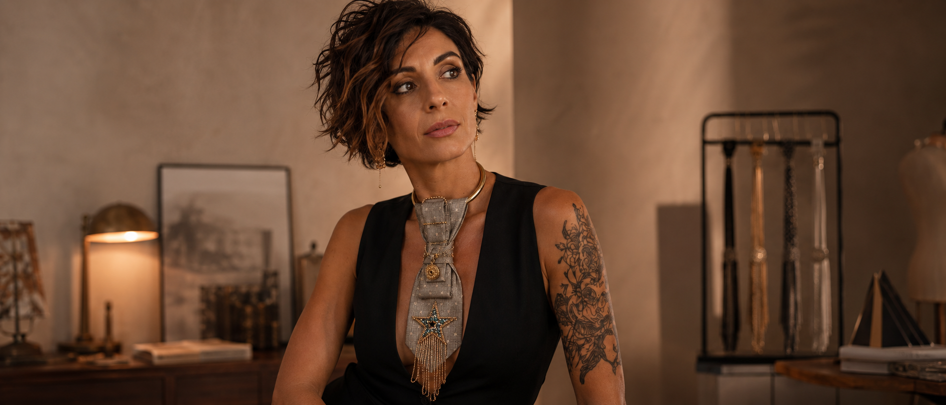 Designer con Cravatta Gioiello grigia con stella nell’atelier Claudia De Rosa Jewelry