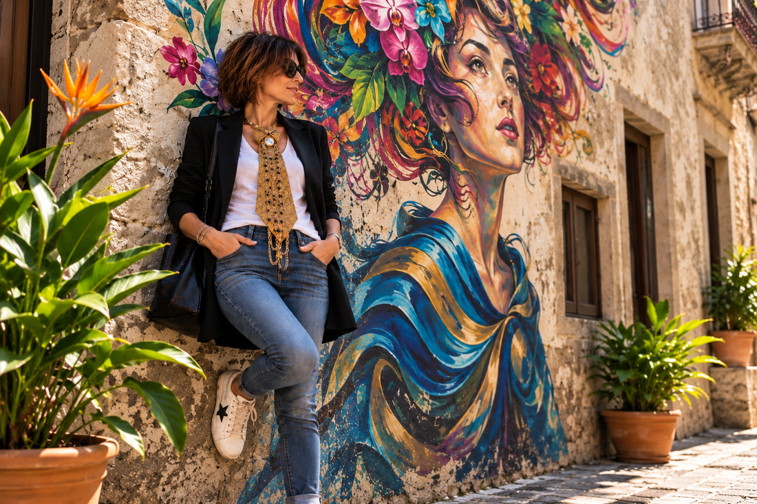 Donna in viaggio con blazer nero e Cravatta Gioiello davanti a un murale colorato