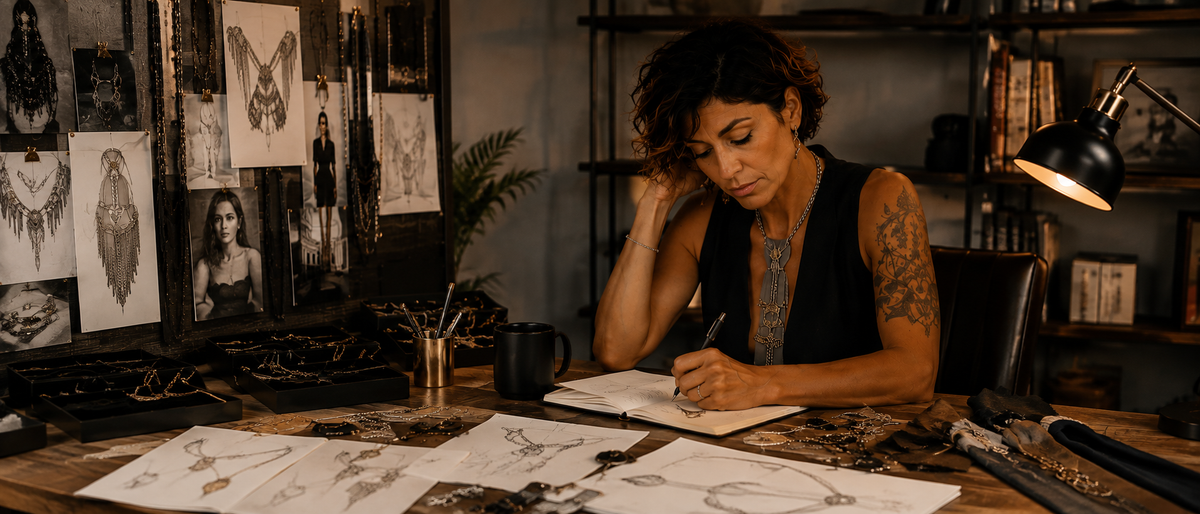 Designer di gioielli al lavoro nel proprio atelier tra schizzi, materiali e strumenti di progettazione