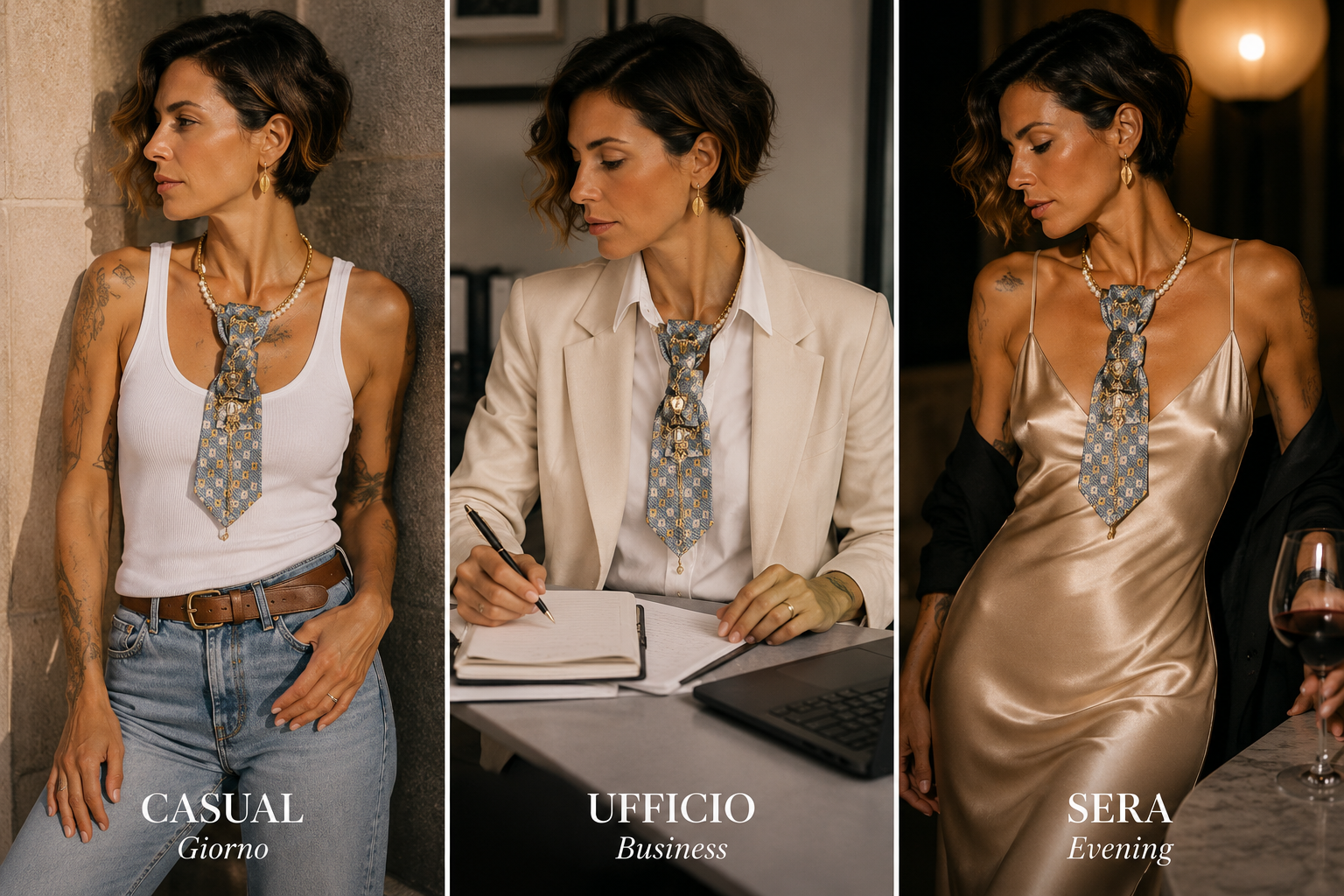 come indossare la cravatta gioiello Blue & Gold Cross in base all'occasione: casual, ufficio, sera