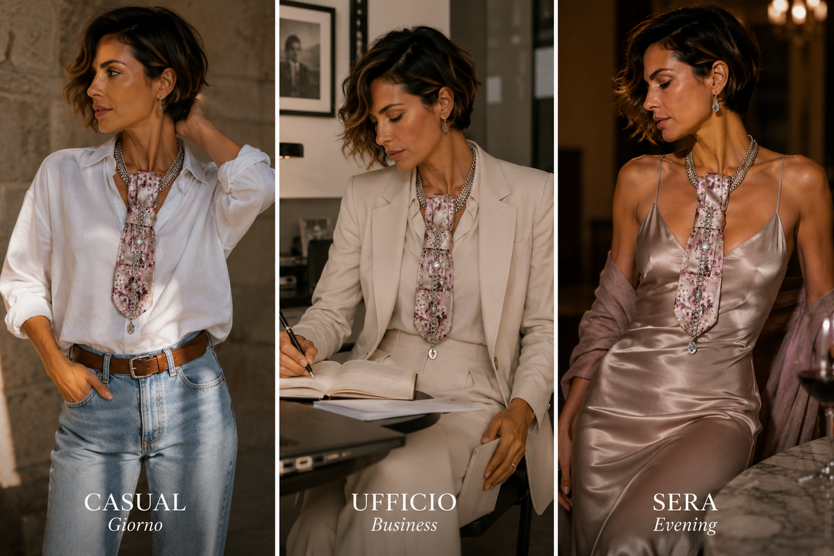 come indossare la cravatta gioiello Cherry Blossom in base all'occasione: casual, ufficio, sera
