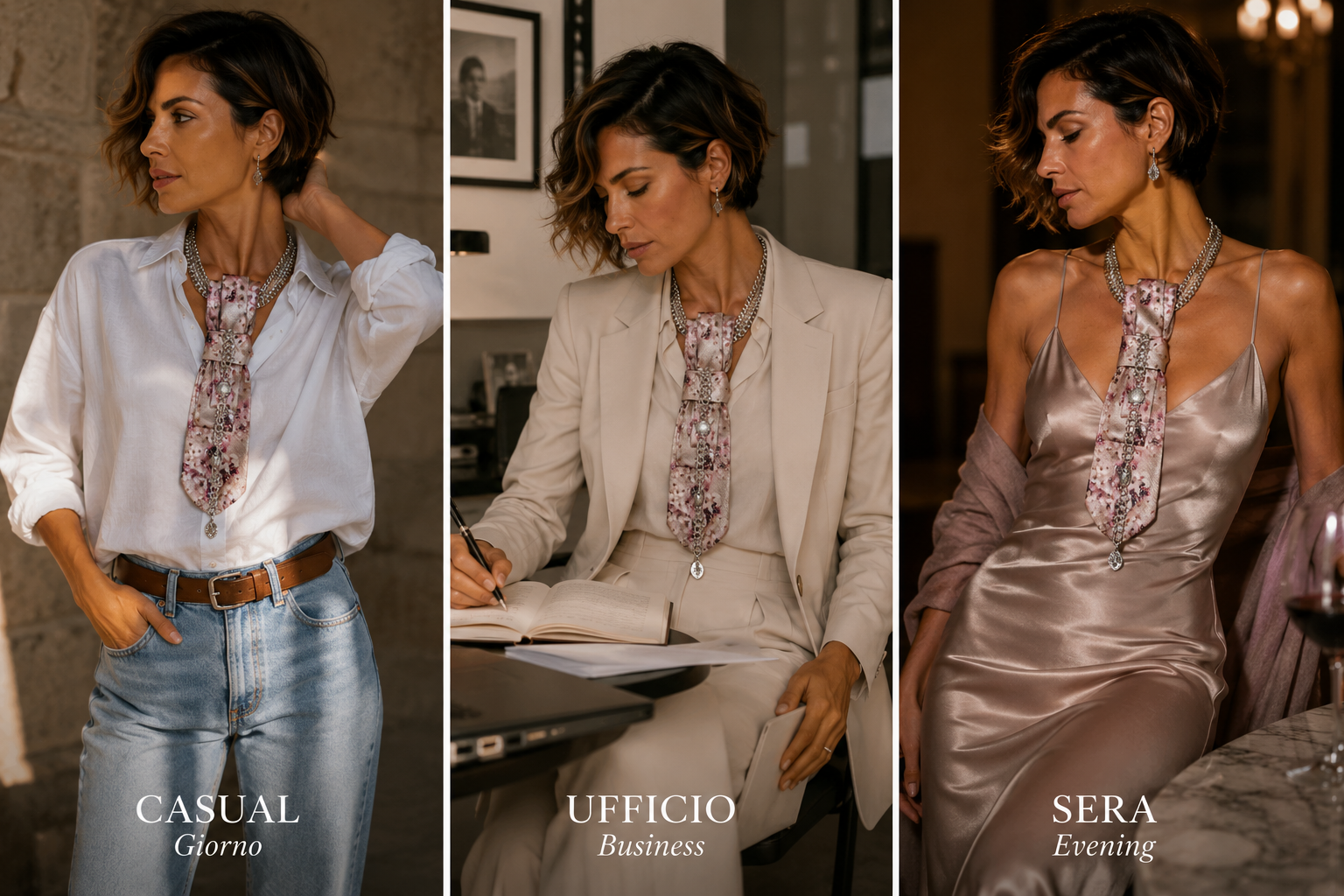 come indossare la cravatta gioiello Cherry Blossom in base all'occasione: casual, ufficio, sera