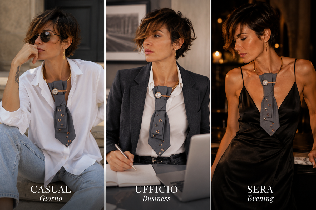 come indossare la cravatta gioiello Rebel Grey in base all'occasione: casual, ufficio, sera