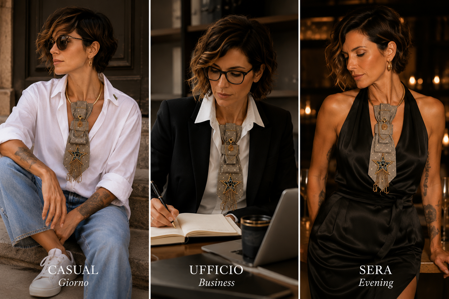 come indossare la cravatta gioiello Shiny Star in base all'occasione: casual, ufficio, sera