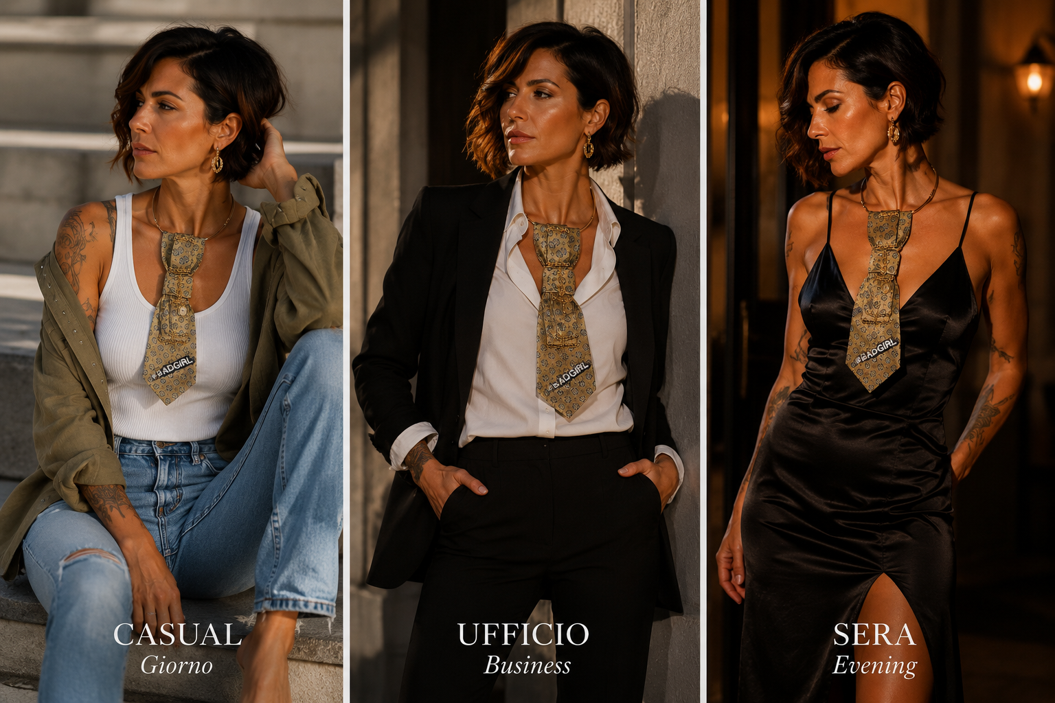 come indossare la cravatta gioiello badgirl in base all'occasione: casul, ufficio, sera
