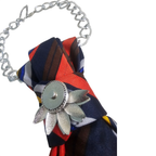 Dettaglio Cravatta Gioiello Stripes Fire Claudia De Rosa Jewelry – collana-cravatta in tessuto vintage rigato rosso e arancio con catena silver e fermaglio magnetico floreale.